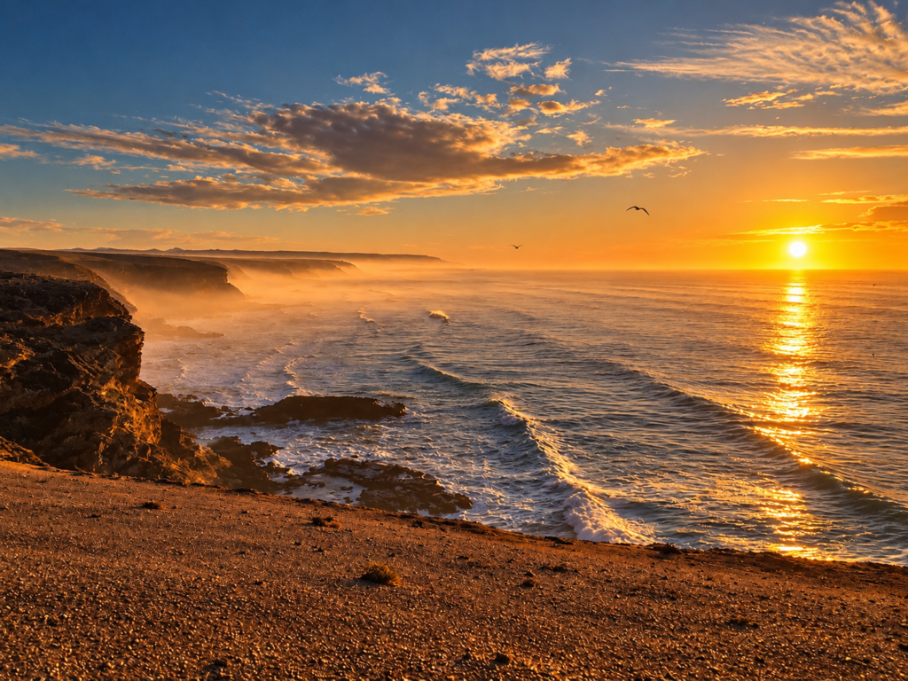 Coucher de soleil sur l’océan Atlantique et les falaises sauvages du littoral de Souss-Massa, près d’Agadir.
