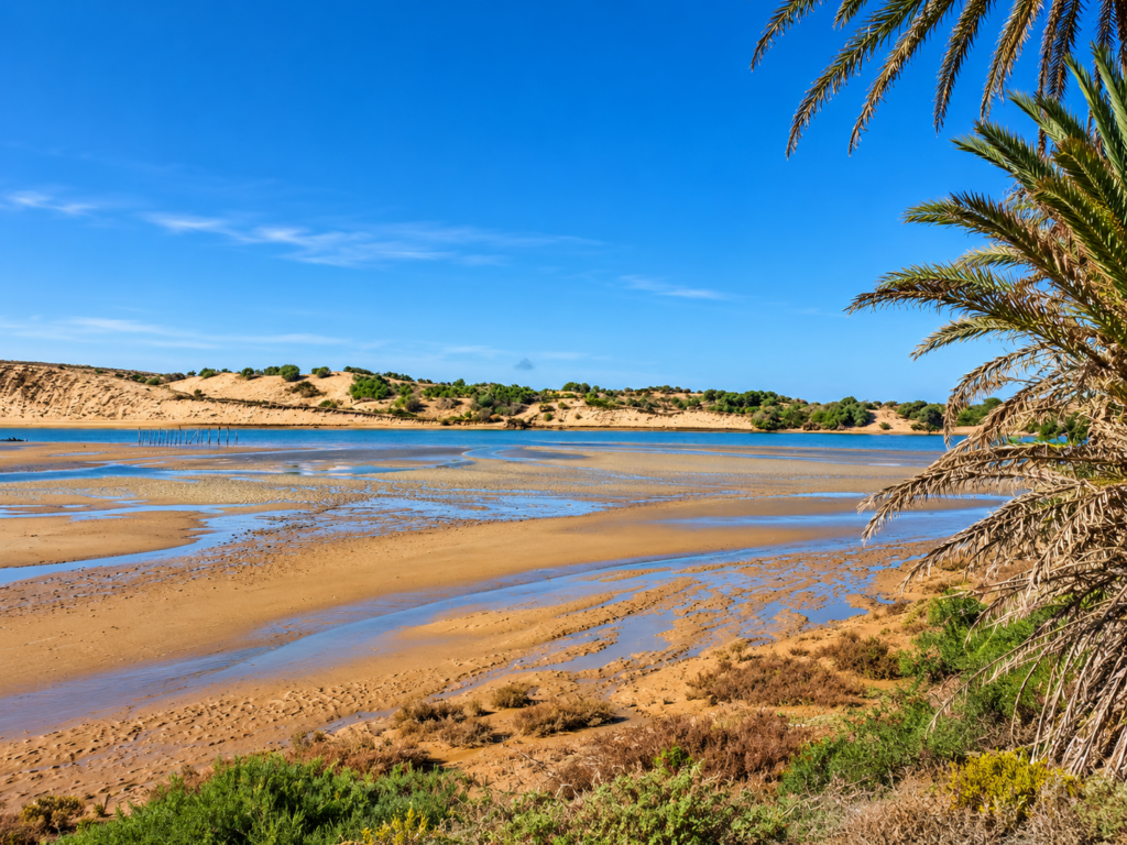 Paysage de l’Oued Massa avec ses bancs de sable, ses eaux peu profondes et ses palmiers